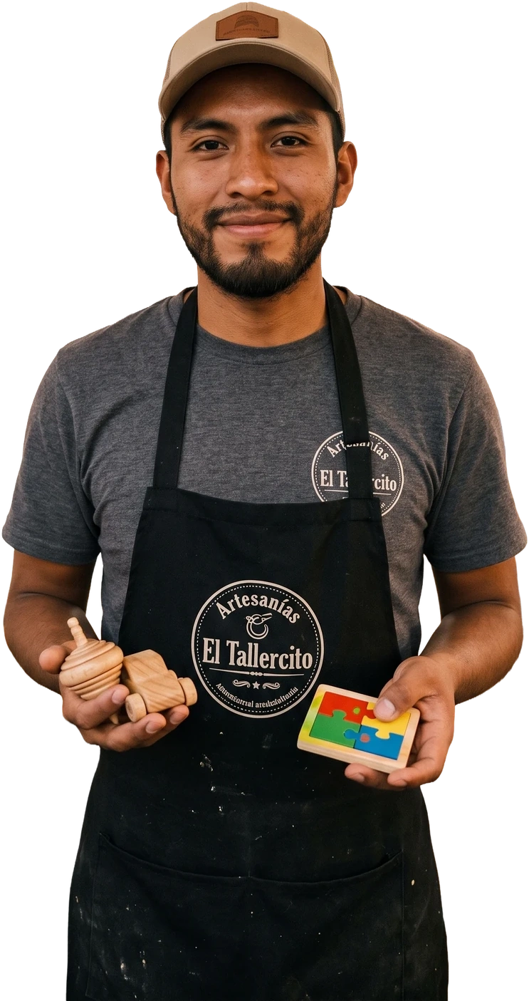Expositor de artesanías sosteniendo productos de madera