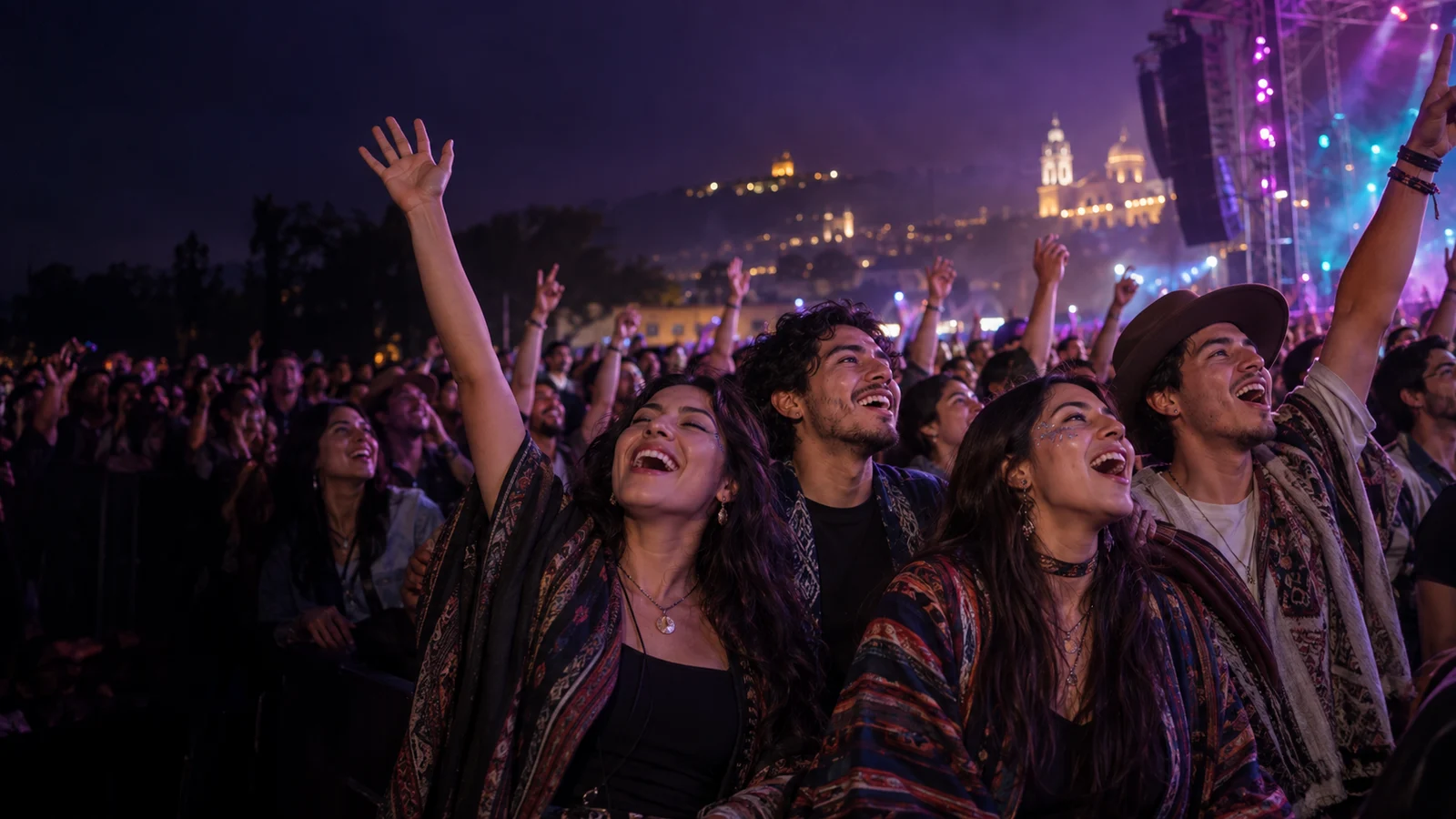 Imagen conceptual de un grupo de amigos disfrutando de un concierto